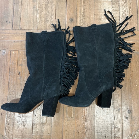 Nine West Black Suede Leather Fringe Mid Calf  Western Heel Pull On Boots Sz 7.5 - Picture 3 of 12